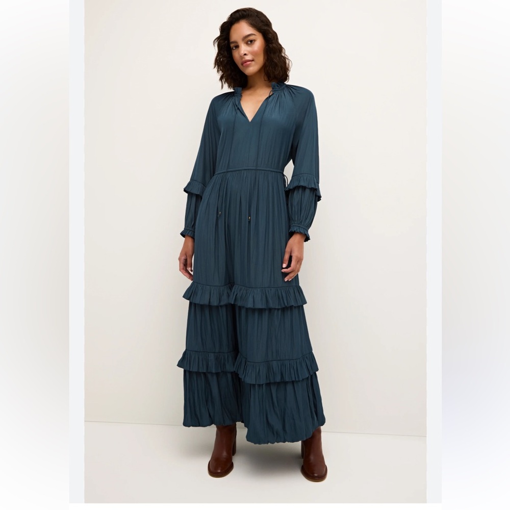 Marie Oliver Blue Tiered Ruffled Gown